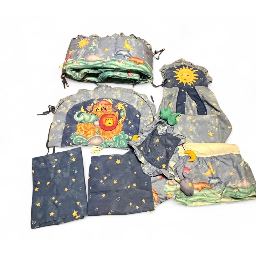 Vintage KidsLine Noah's Ark Nursery Crib Bedding Set Animals Moon Stars USA 7 PC